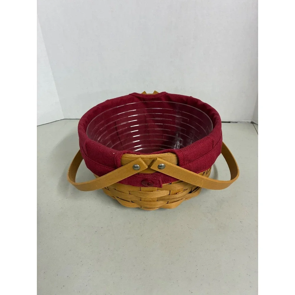 Longaberger 2009 Handmade Round Basket Red Liner Plastic Protector Swing Handle
